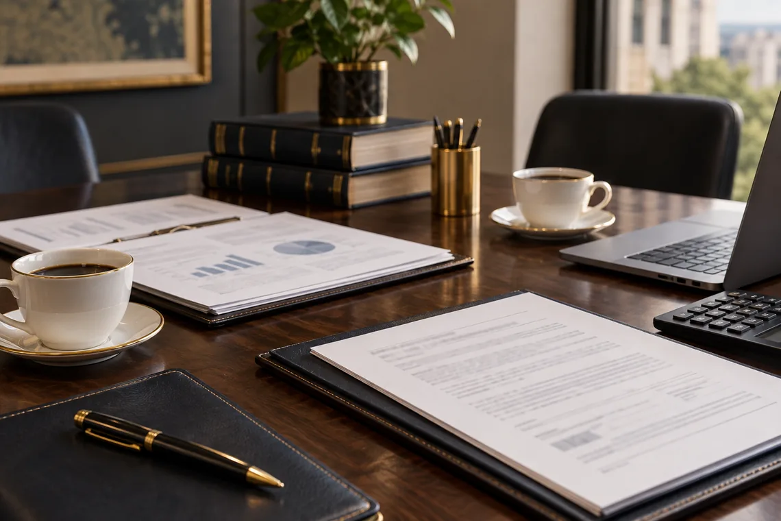 Mesa de asesoría con documentos contables y legales